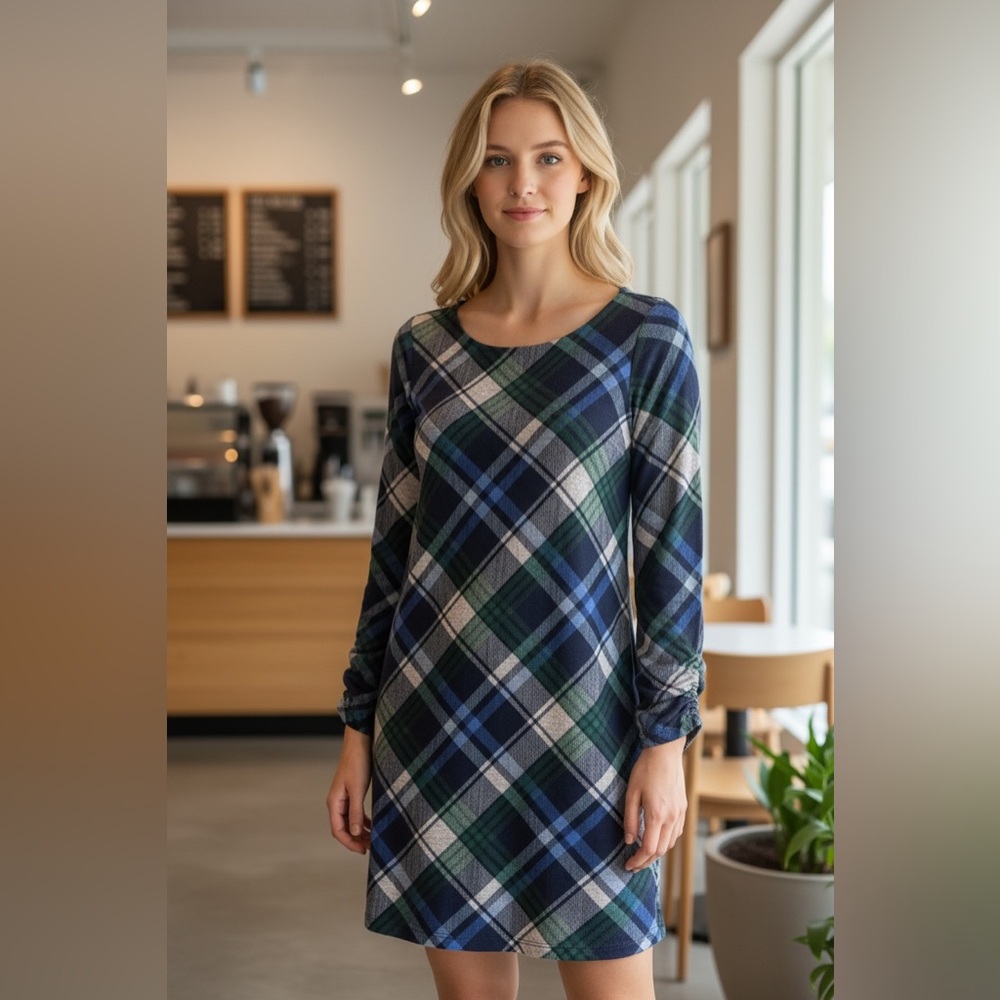 JH Women’s Plaid Shift Dress Size M Navy Green Blue Long Sleeve Ruched Career